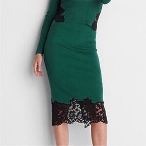 EXPRESS Body Contour Green Midi Slirt with Black Lace Trim XS